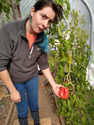 Horrified by a giant tomato