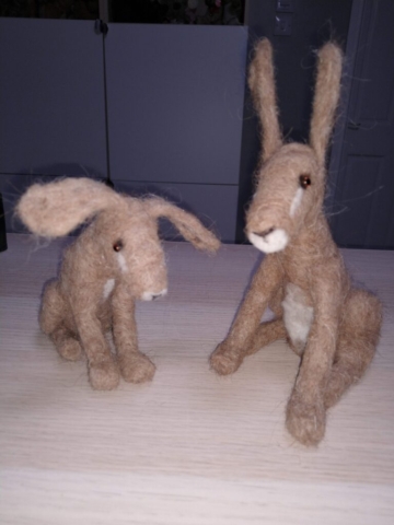 Needle felted hares